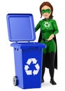 3D Woman superhero of recycling standing with a blue bin for rec