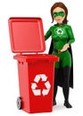 3D Woman superhero of recycling standing with a red bin for recycling