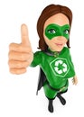 3D Woman superhero of recycling with thumb up