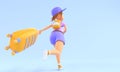 3D Woman tourist with suitcase runs fast in hurry, back view. Cartoon illustration of girl traveler late for flight to
