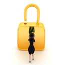 3d woman unlock padlock using key concept