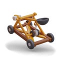 3D wooden catapult on wheels. Mobile mechanical device for throwing projectiles over long distance Royalty Free Stock Photo