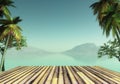 3D wooden deck looking out to a tropical landscape Royalty Free Stock Photo