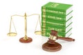3D Wooden gavel, low books and golden scales of justice Royalty Free Stock Photo