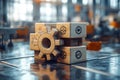 3D Wooden Gear System Blocks Representing Engineering and Teamwork in Modern Factory Interior
