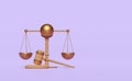 3d wooden judge gavel, hammer auction with stand, justice scales icon isolated on blue background. law, justice system symbol Royalty Free Stock Photo