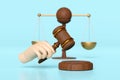 3d wooden judge gavel, hand holding hammer auction with justice scales, stand isolated on blue background. law, justice system Royalty Free Stock Photo