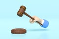 3d wooden judge gavel, hand holding hammer auction with stand isolated on blue background. law, justice system symbol concept, 3d Royalty Free Stock Photo