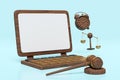 3d wooden laptop with blank computer screen, judge gavel, hammer auction, clock, justice scales isolated on blue background.