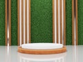 3D Wooden Podium with modern design artificial grass wall.