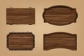 3D wooden sign boards. Wood texture. Natural timber. Old bar or saloon vintage table. Rustic aged frame. Empty Royalty Free Stock Photo