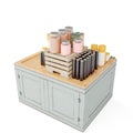 3D of wooden storage crate filled with a wide variety of beverages