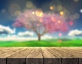 3D wooden table looking out to a defocussed summer landscape wit Royalty Free Stock Photo