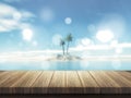 3D wooden table looking out to a defocussed tropical palm tree island Royalty Free Stock Photo