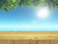 3D wooden table looking out to a sunny ocean landscape Royalty Free Stock Photo