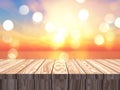 3D wooden table looking out to a sunset ocean landscape Royalty Free Stock Photo