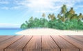 3D wooden table looking out to a tropical island in sea Royalty Free Stock Photo
