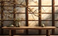 3D Wooden table top with dried tree branch and leaf in sunlight from window on traditional Japanese lattice frame wall with brown Royalty Free Stock Photo