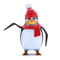 3d Wooly hatted penguin points to the side