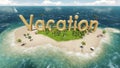 3d word vacation on tropical paradise island with palm trees an sun tents. Royalty Free Stock Photo