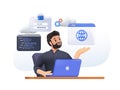 3D Work with software. Man writes code at computer, develops program, website or application. Programmer IT specialist Royalty Free Stock Photo