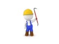 3D Worker with blue overalls holding crowbar