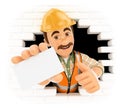 3D Worker coming out a wall hole with a blank card Royalty Free Stock Photo