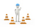 3d worker halt stop pose and traffic cones Royalty Free Stock Photo