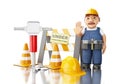 3d Worker with jackhammer, cones and under construction sign Royalty Free Stock Photo