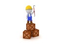 3D Worker standing on top of crates holding a crowbar Royalty Free Stock Photo