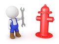 3D Worker with wrench standing next to fire hydrant