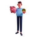 3D Workman Cartoon Illustration having a money and pig saving Royalty Free Stock Photo