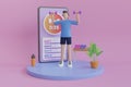 3d workout mobile app illustration. young man in gym doing squats