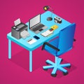 3D Workplace view of Graphic designing objects like as printer, laptop, table lamp, camera, color pencil and note book on desk