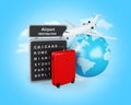 3d World, Airport board and travel suitcases.