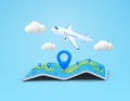 3d world map with pin marker icons, flying airplane, clouds, isolated on background. Travel tour booking banner template Royalty Free Stock Photo