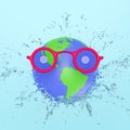 3d world with sunglasses, water splash, clear blue water scattered around isolated on blue background. world water day concept 3d