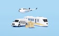 3d worldwide shipping with delivery van, plane, sky train transport isolated on blue background. service, transportation, air