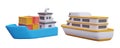 3D yacht and barge with containers in cartoon style. Types of boats