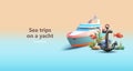3d yacht illustration with metal anchor and sea corals with fish, render style cartoon composition Royalty Free Stock Photo