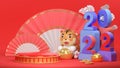 3d Year of the Tiger 2022. 3d rendering tiger and podium with lots of money and gifts behind