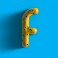 3d yellow bubble plastic letter F . Glossy yellow alphabet letter F lowercase.