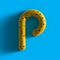 3d yellow bubble plastic letter P . Glossy yellow alphabet letter P lowercase.