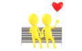 3d yellow character , couples sitting in a bench holding a love balloon