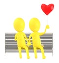 3d yellow character , couples sitting in a bench holding a love balloon