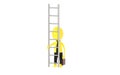 3d yellow character holding briefcase and standing in front of a ladder - way to climb success concept Royalty Free Stock Photo