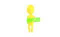 3d yellow character holding a green arrow mark and walking