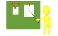 3d yellow character holding a stick and pointing it towards a green board with pinned papers
