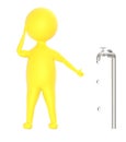 3d yellow character pointing out a leaking water tap