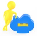 3d yellow character presenting a opened drawer in a cloud containing arranged stack of folders - cloud storage